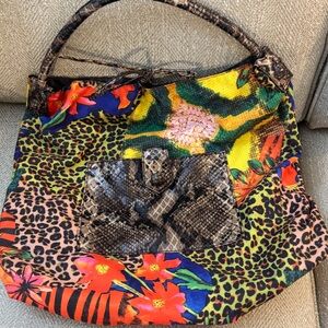 Multicolor Patterned Women's Hobo Bag Purse by Falchi Collage Print Reversible